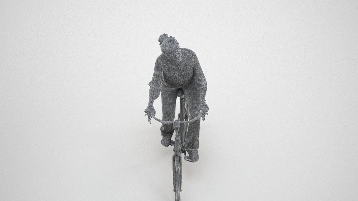 realistic 3D human woman casual cycling, archviz people FBX OBJ for Blender, wireframe three-quarter view
