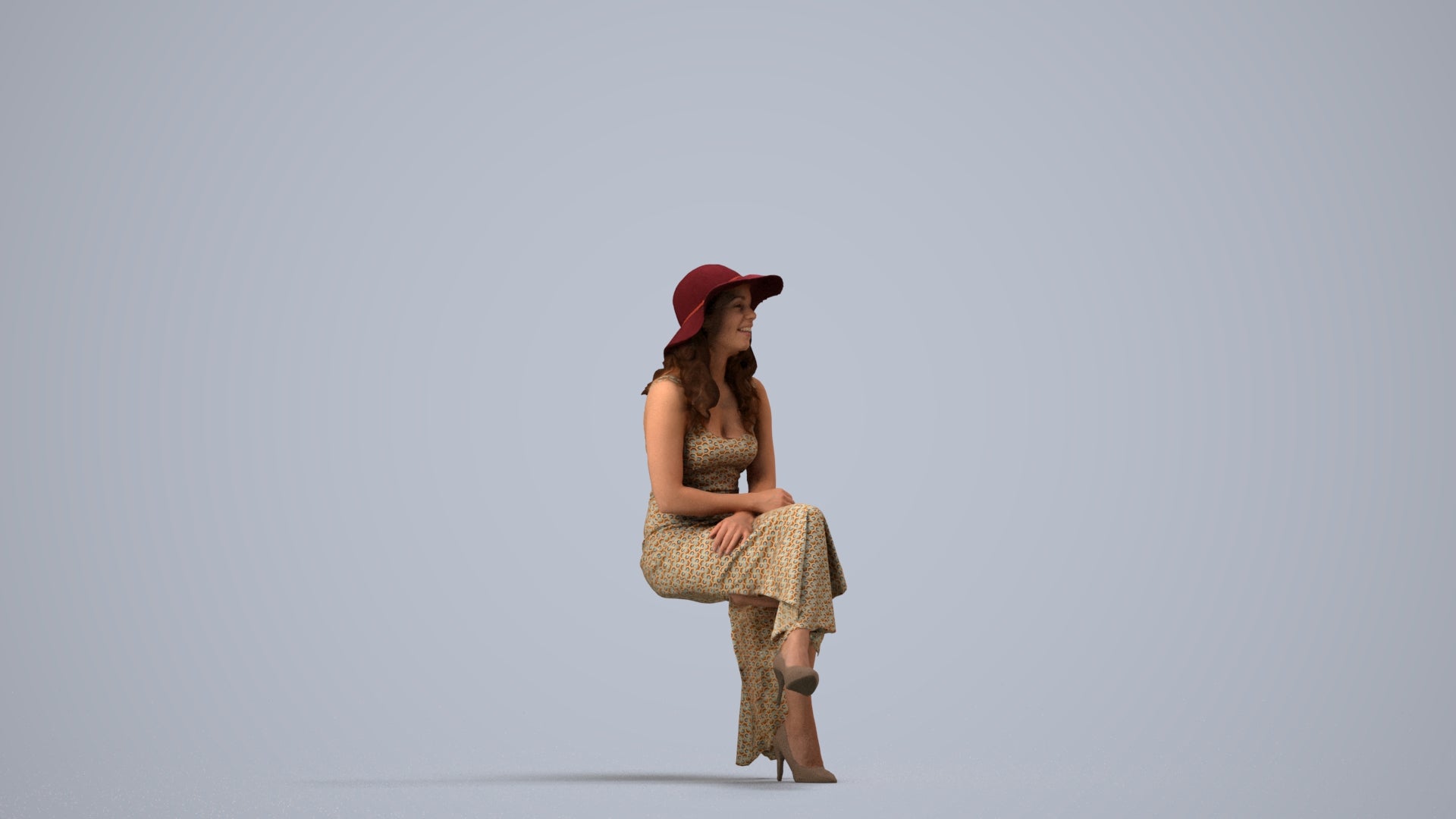 realistic 3D human woman casual sitting, archviz people FBX OBJ for Blender, side view render