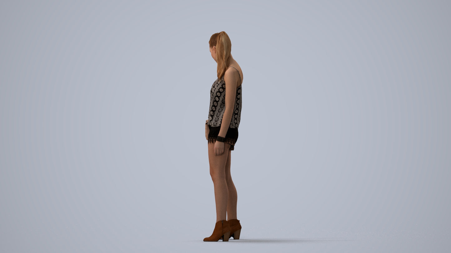3D scanned girl standing casual, photorealistic archviz people for Enscape and SketchUp, three-quarter view render