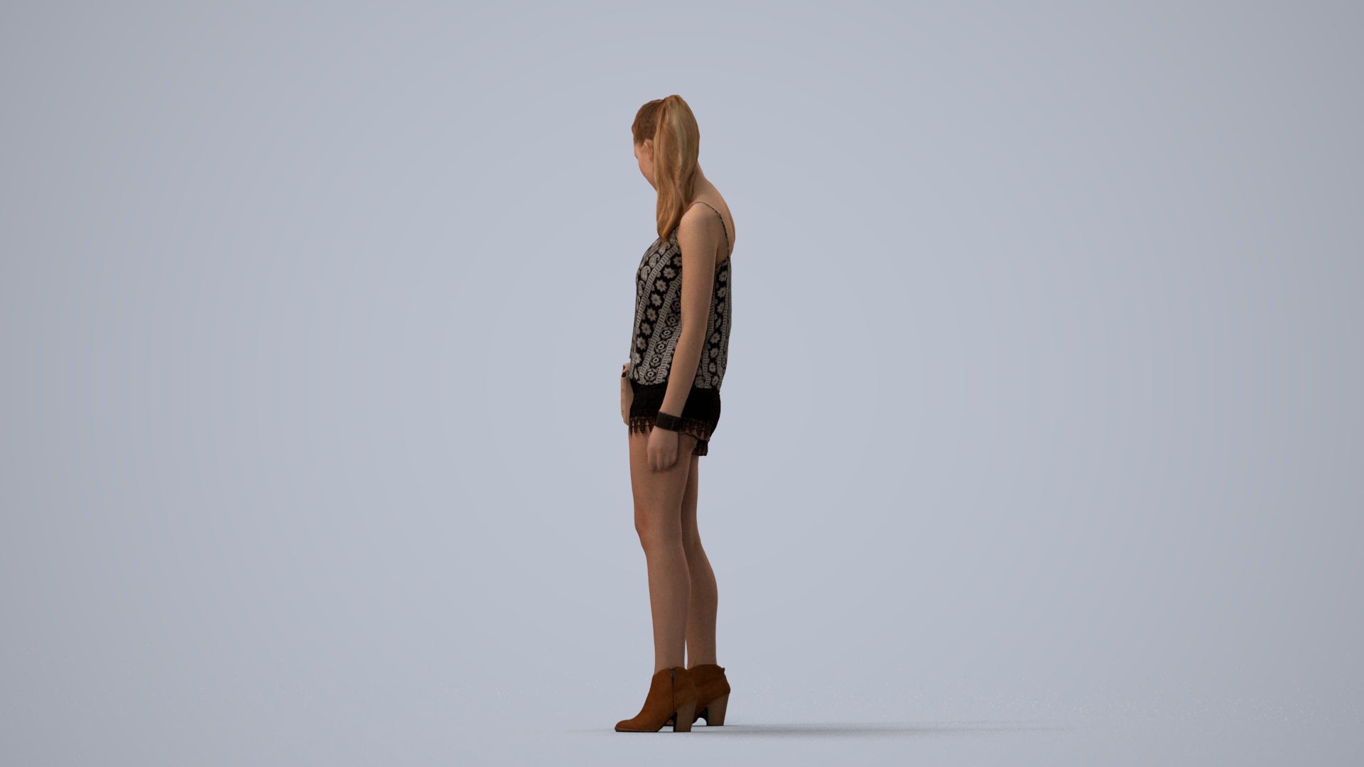 3D scanned girl standing casual, photorealistic archviz people for Enscape and SketchUp, three-quarter view render