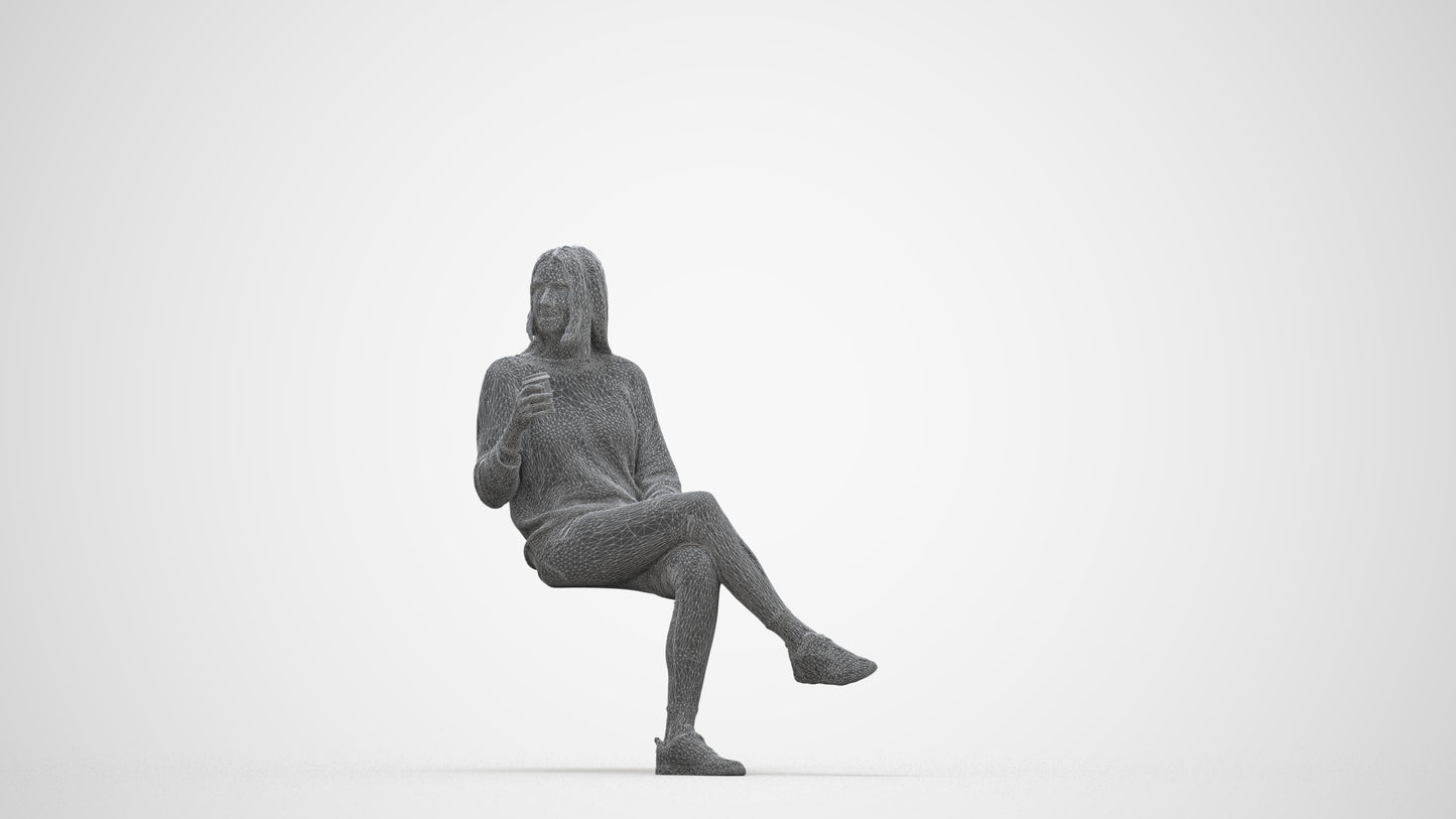 3D scanned woman sitting casual, photorealistic archviz people for Enscape and SketchUp, wireframe back view
