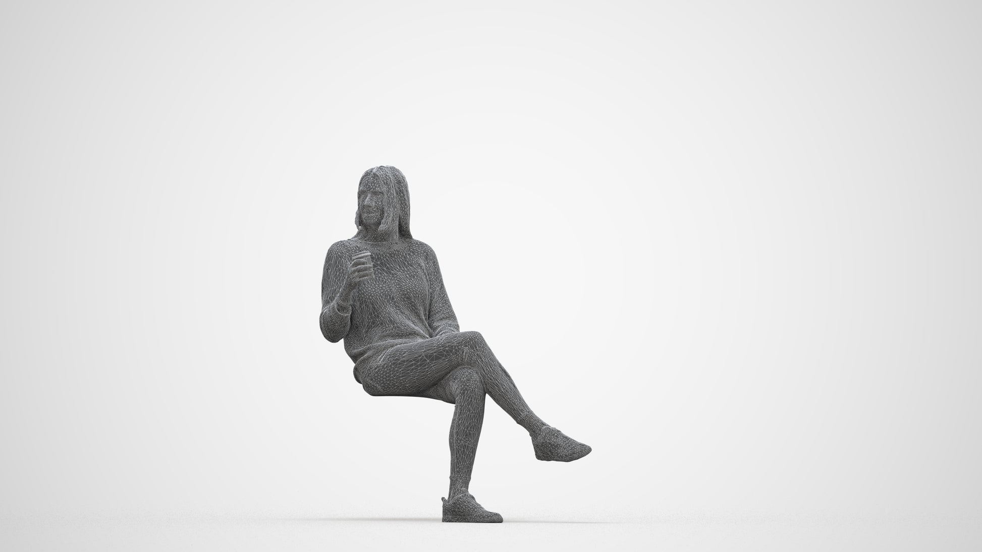 3D scanned woman sitting casual, photorealistic archviz people for Enscape and SketchUp, wireframe back view