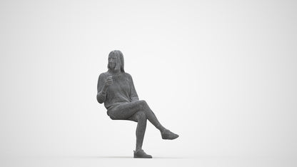3D scanned woman sitting casual, photorealistic archviz people for Enscape and SketchUp, wireframe back view