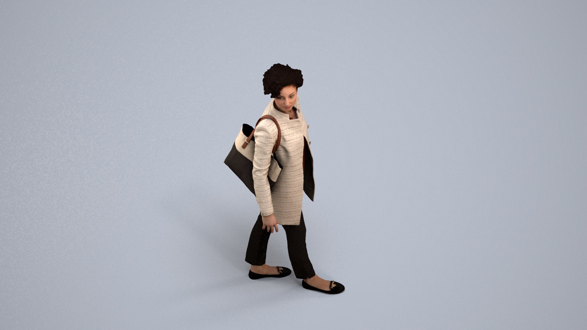 3D human model woman business walking, photogrammetry scanned person for archviz, back view render