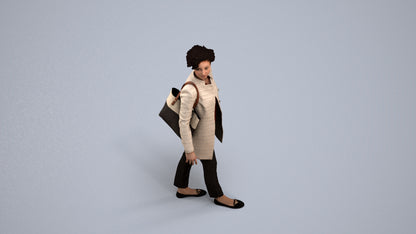 3D human model woman business walking, photogrammetry scanned person for archviz, back view render