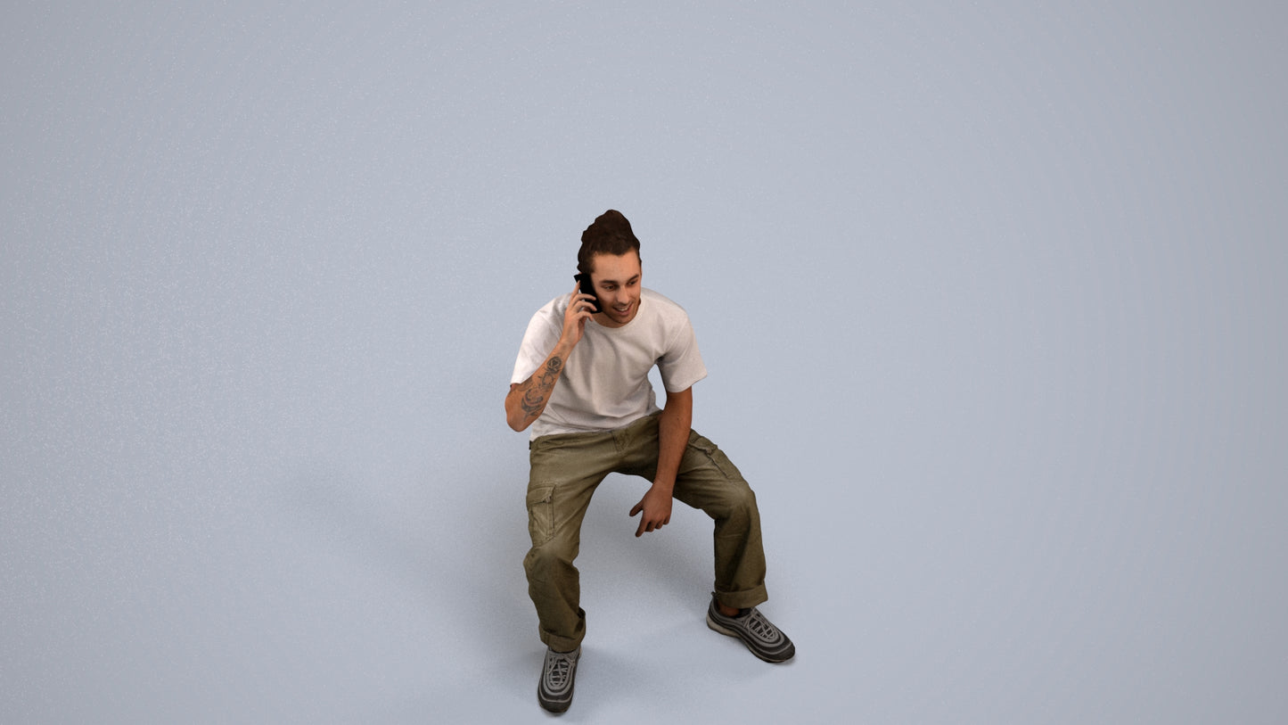 3D people model man casual sitting, scanned human for 3ds Max rendering, back view render