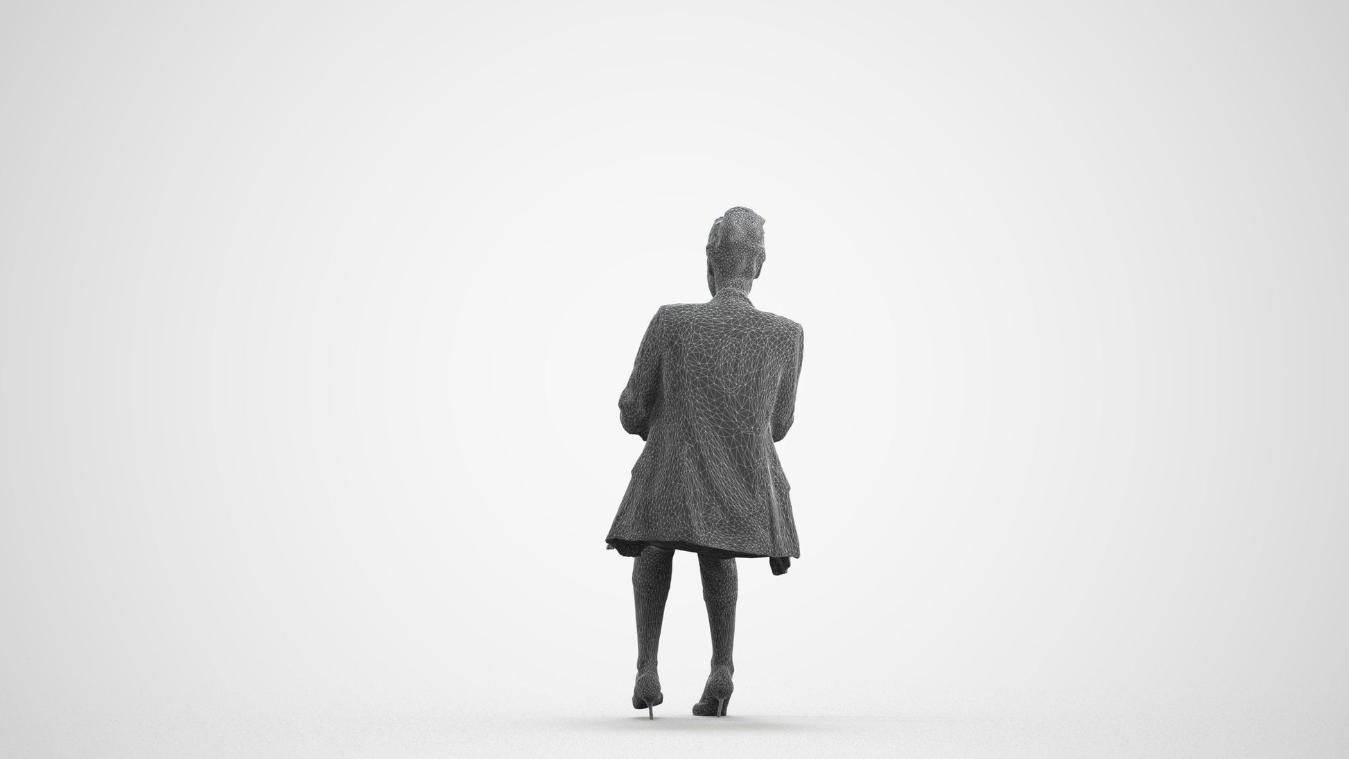 photogrammetry 3D woman business sitting, realistic human model archviz FBX, wireframe front view