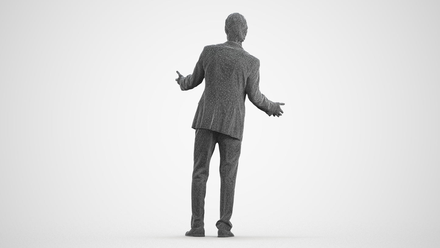 3D human model man business, photogrammetry scanned person for archviz, wireframe front view