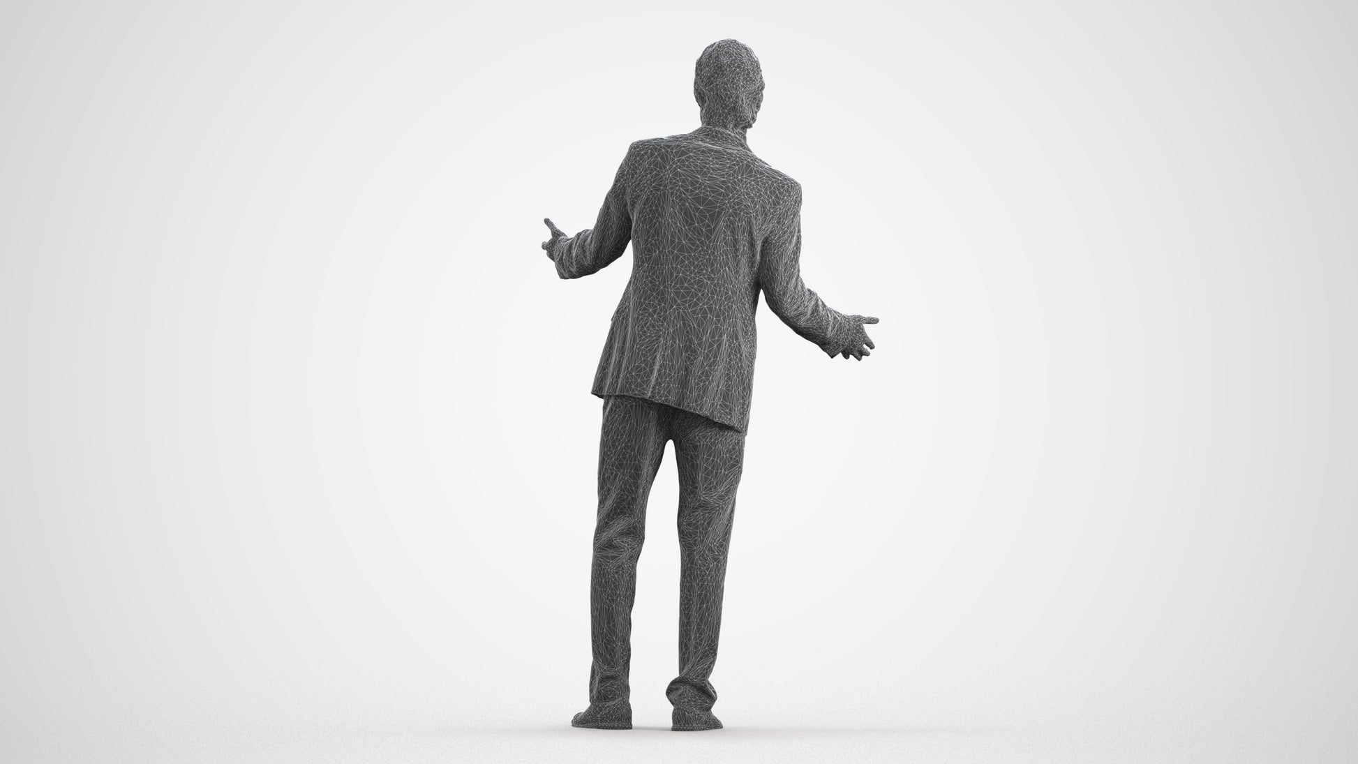 3D human model man business, photogrammetry scanned person for archviz, wireframe front view