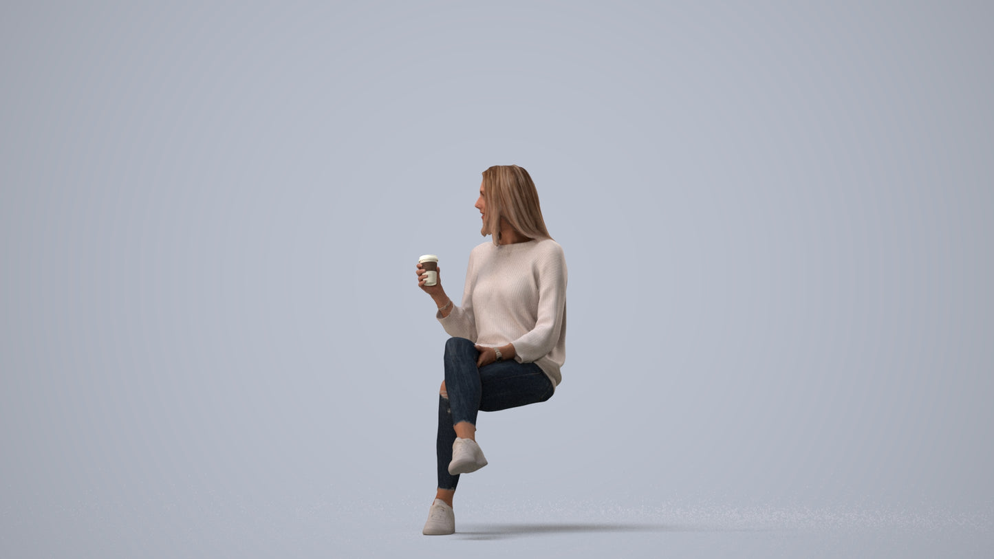 3D scanned woman sitting casual, photorealistic archviz people for Enscape and SketchUp, three-quarter view render