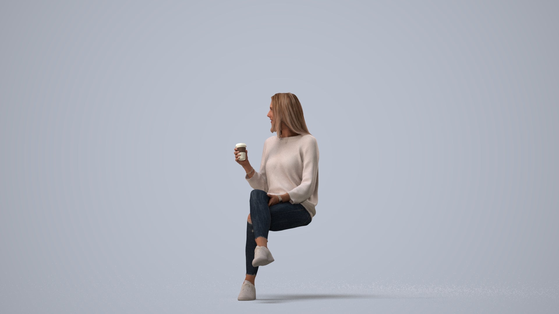 3D scanned woman sitting casual, photorealistic archviz people for Enscape and SketchUp, three-quarter view render