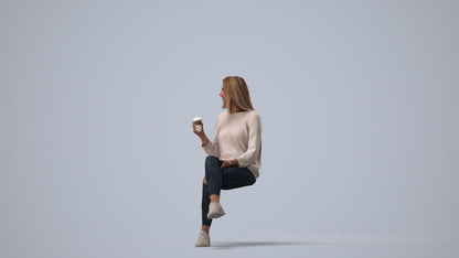 3D scanned woman sitting casual, photorealistic archviz people for Enscape and SketchUp, three-quarter view render