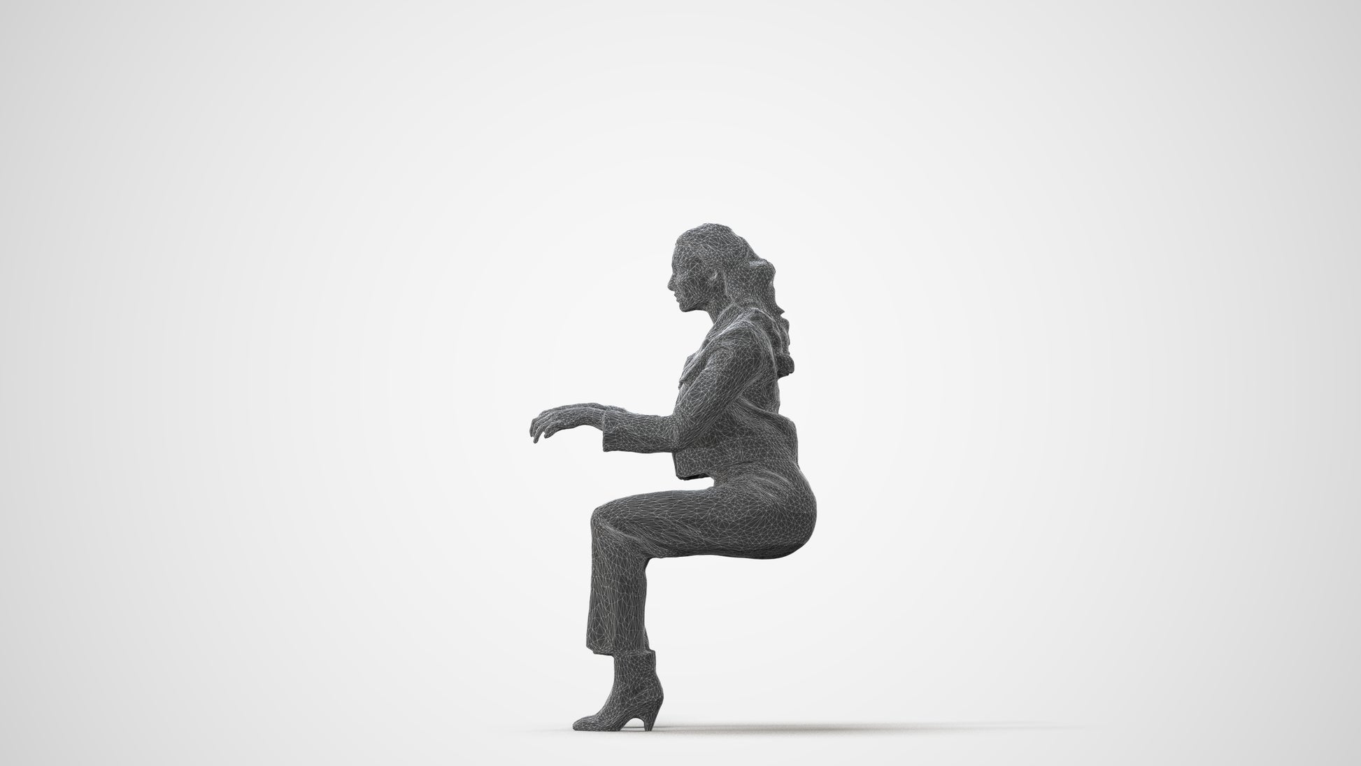 3D human model woman business sitting, photogrammetry scanned person for archviz, square thumbnail