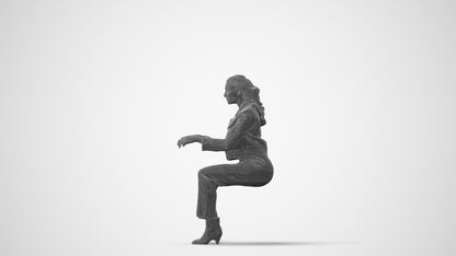 3D human model woman business sitting, photogrammetry scanned person for archviz, square thumbnail