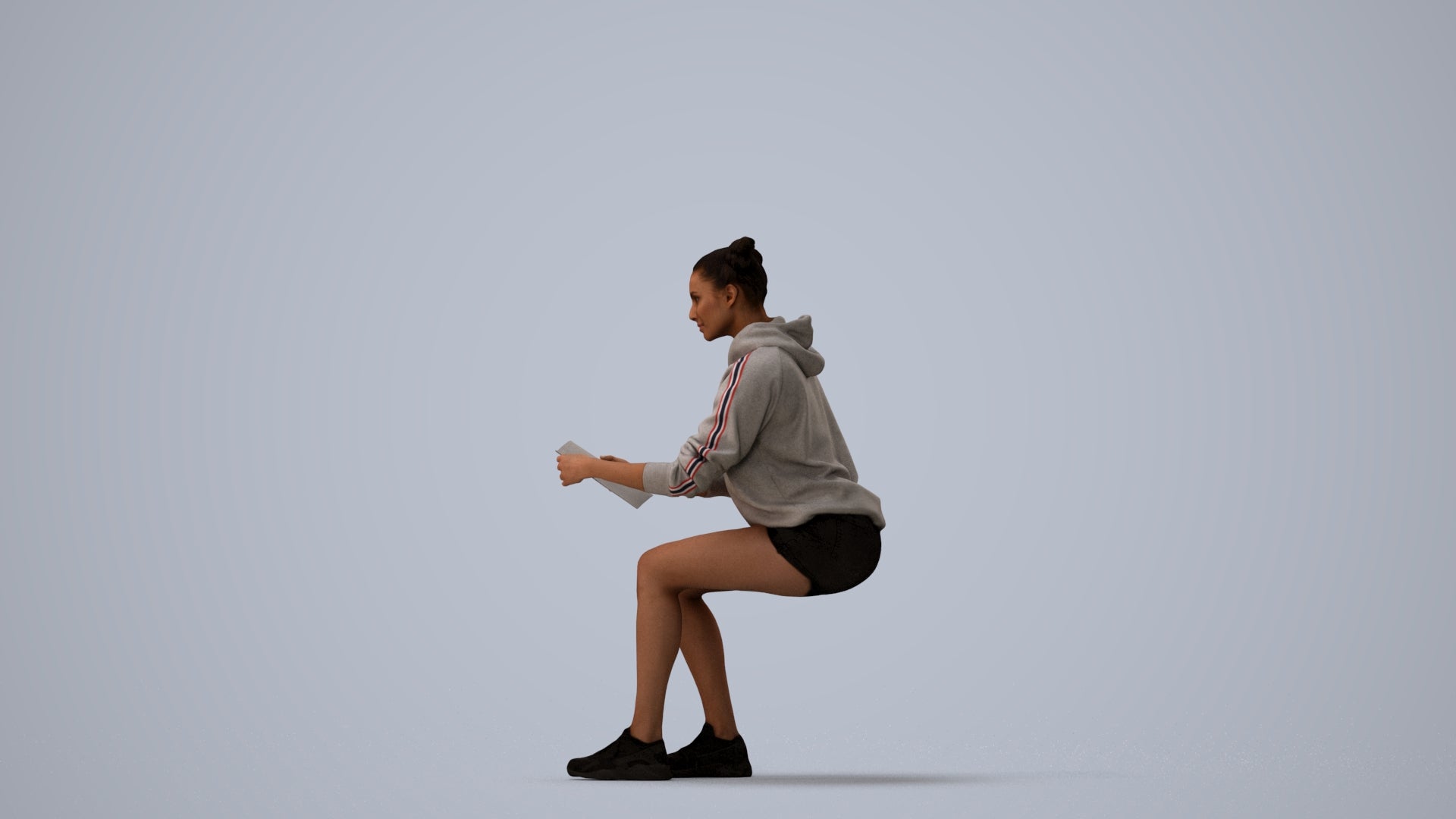 scanned 3D woman casual sitting, photogrammetry people for Enscape and V-Ray, three-quarter view render