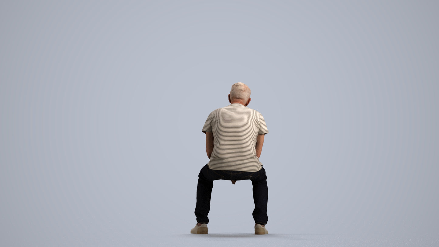 3D people model senior man casual sitting, scanned human for 3ds Max rendering, front view render