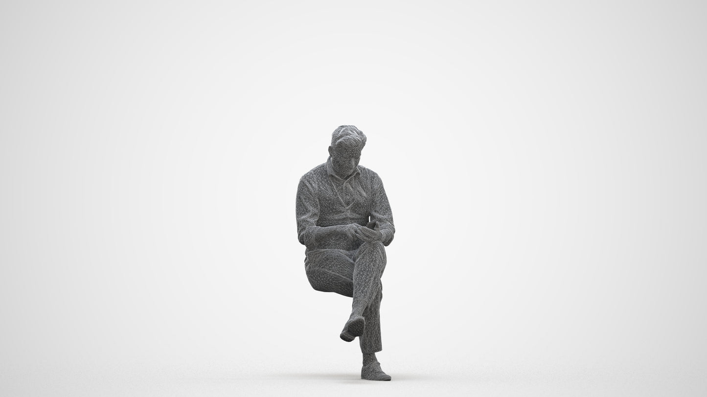 photogrammetry 3D man business sitting, realistic human model archviz FBX, three-quarter front view render
