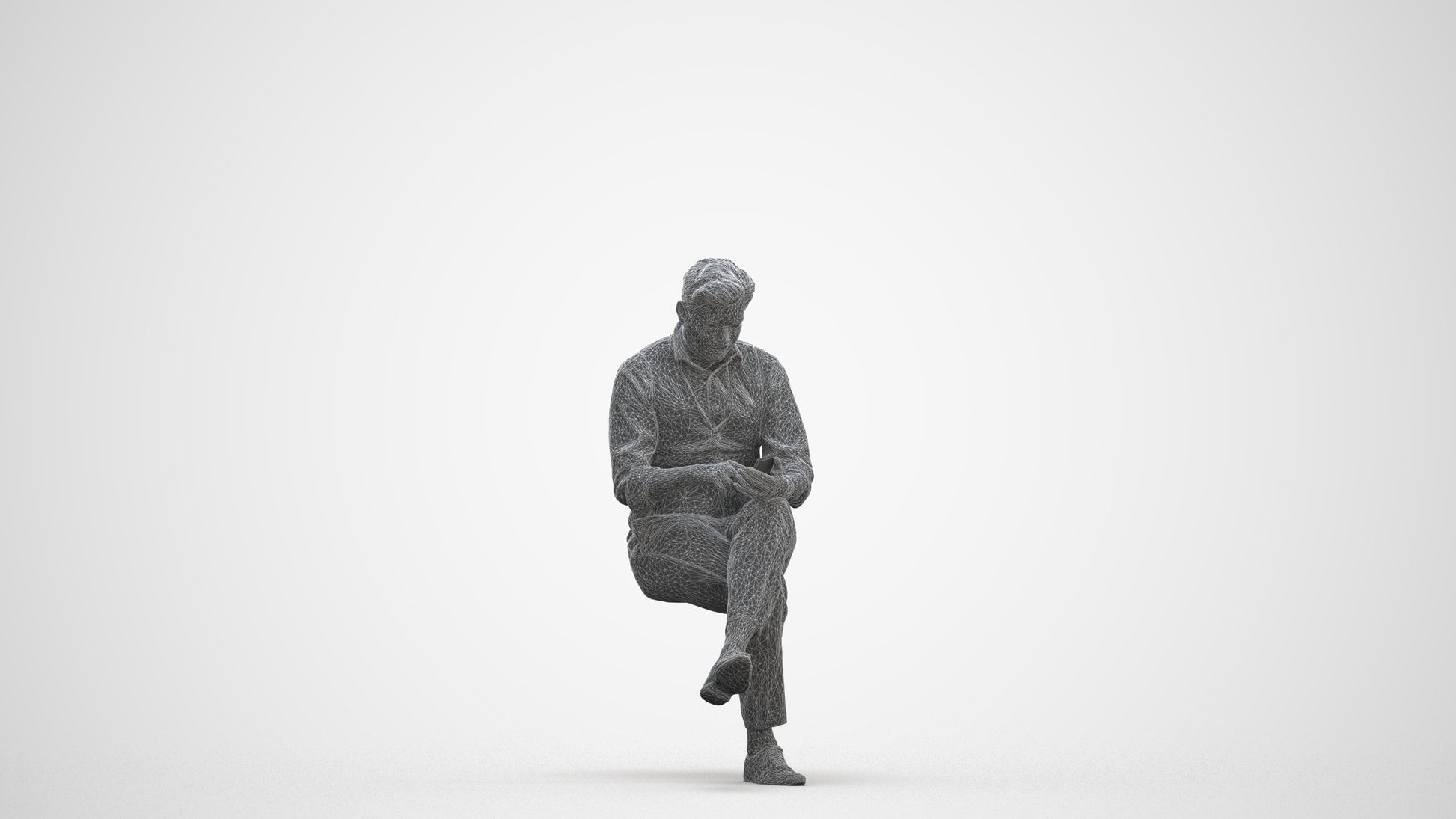 photogrammetry 3D man business sitting, realistic human model archviz FBX, three-quarter front view render
