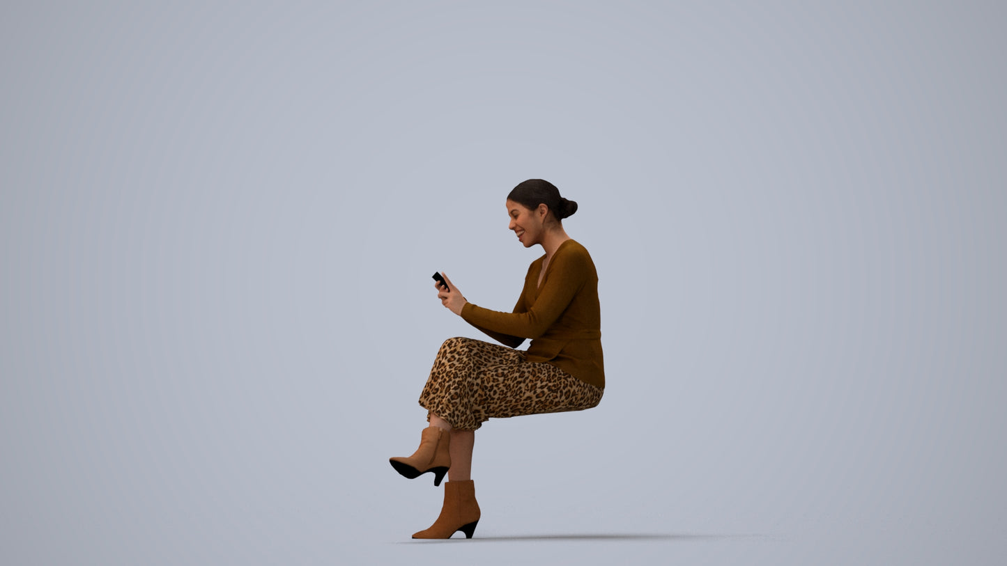 scanned 3D woman casual sitting, photogrammetry people for Enscape and V-Ray, three-quarter view render