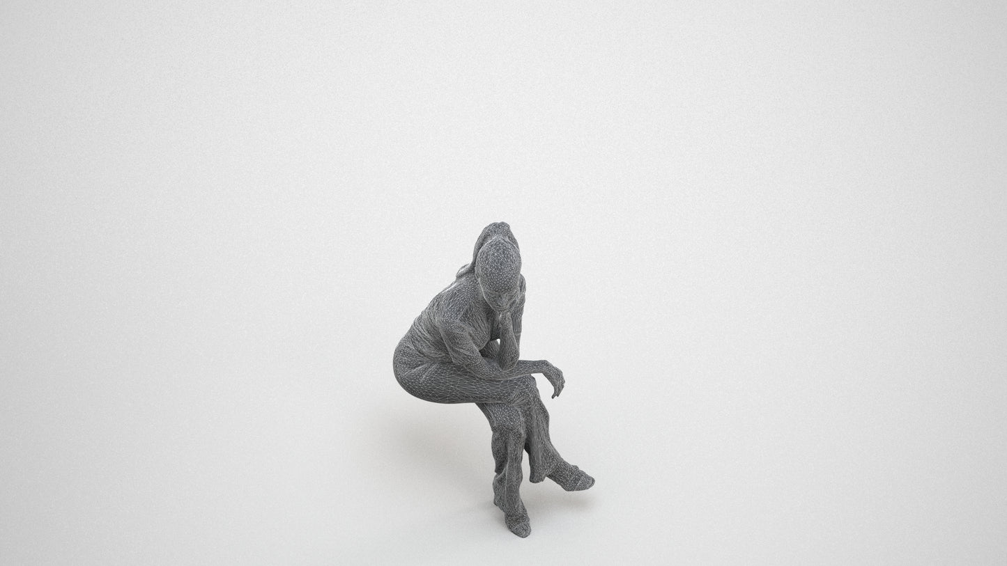 3D people model woman casual sitting, scanned human for 3ds Max rendering, wireframe three-quarter view