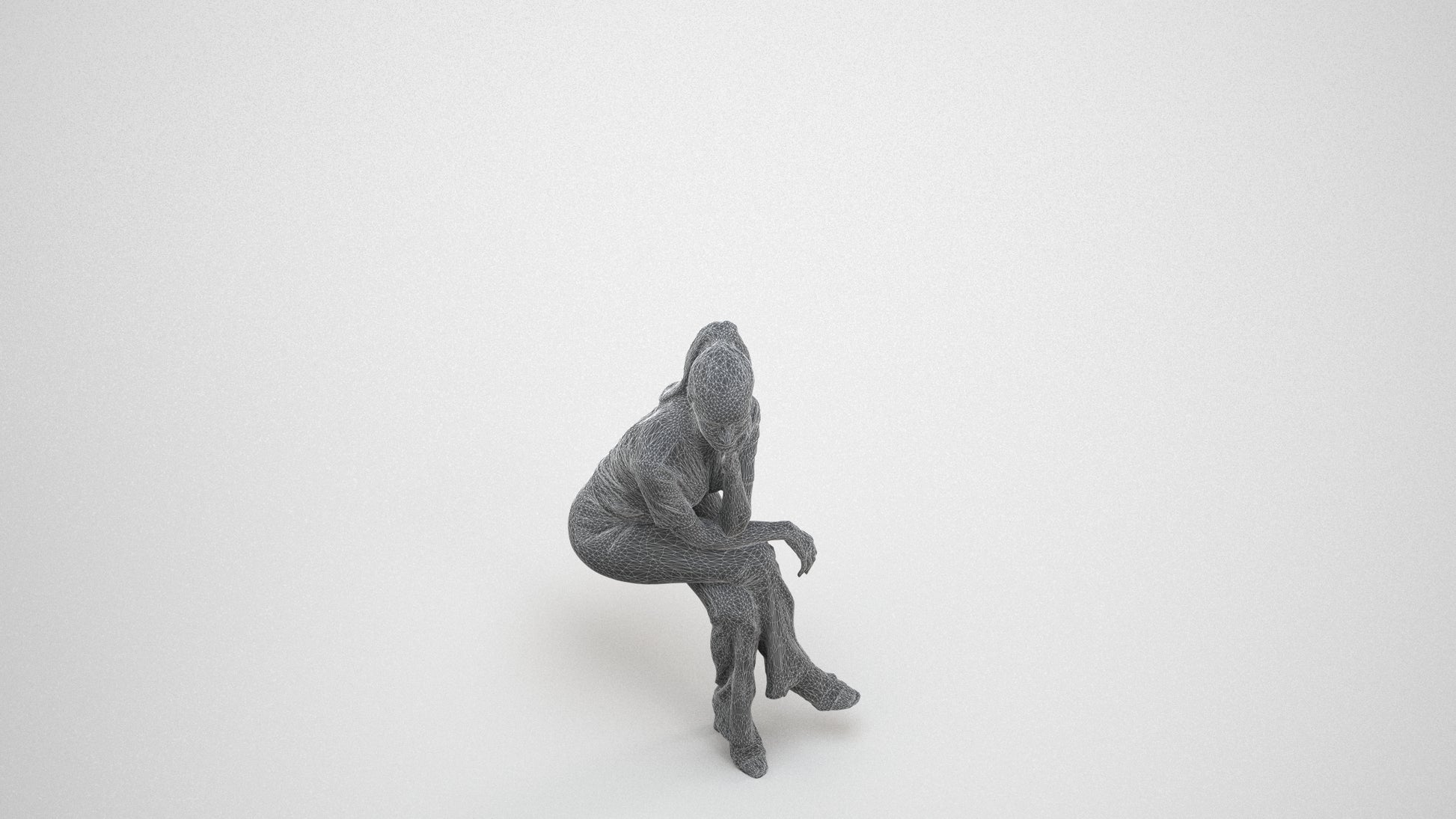 3D people model woman casual sitting, scanned human for 3ds Max rendering, wireframe three-quarter view