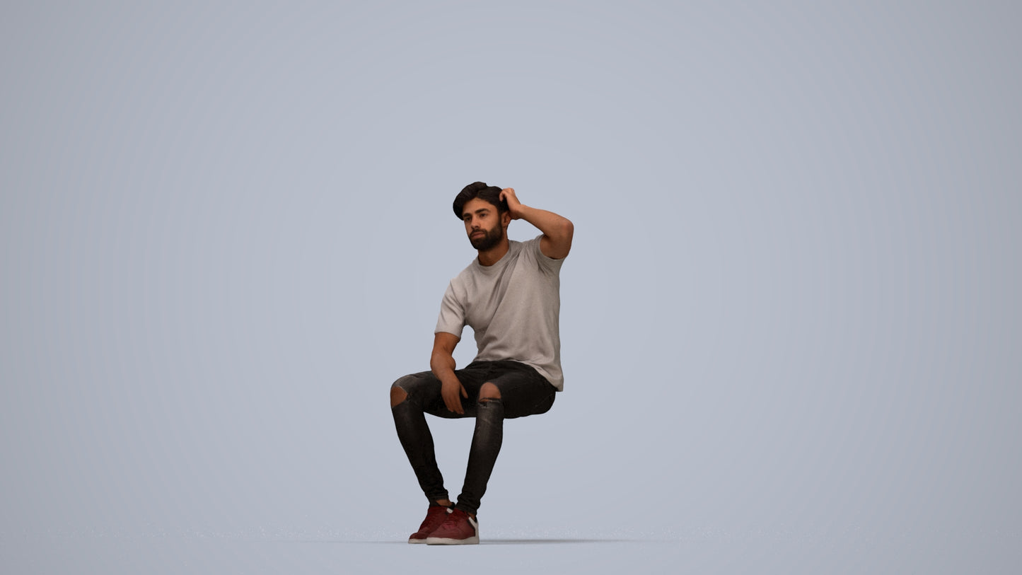 realistic 3D man casual sitting, scanned archviz people for Blender and 3ds Max, top-down view render