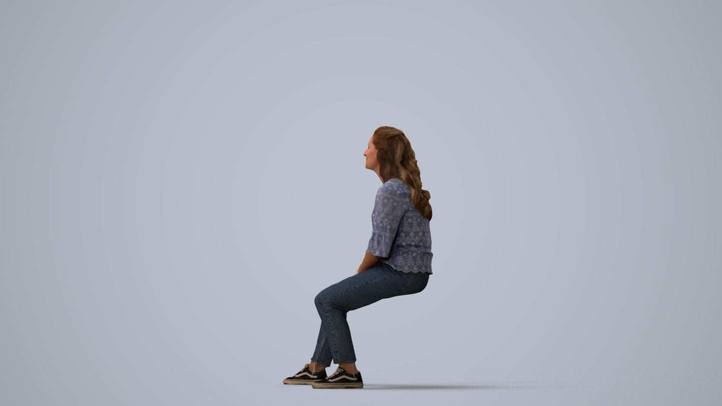 realistic 3D woman casual sitting, scanned archviz people for Blender and 3ds Max, three-quarter view render