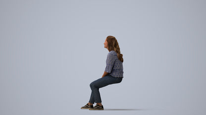 realistic 3D woman casual sitting, scanned archviz people for Blender and 3ds Max, three-quarter view render
