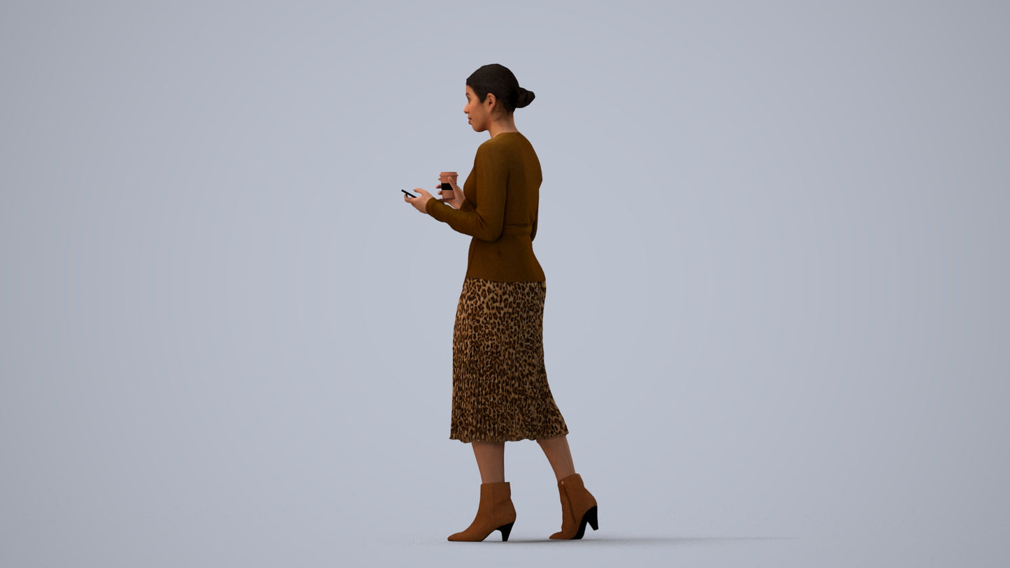realistic 3D woman casual walking, scanned archviz people for Blender and 3ds Max, three-quarter view render