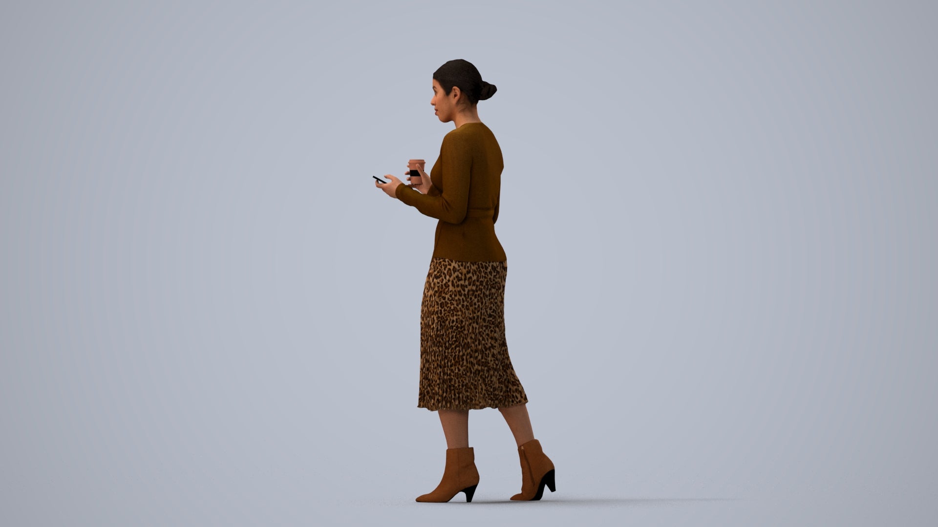 realistic 3D woman casual walking, scanned archviz people for Blender and 3ds Max, three-quarter view render