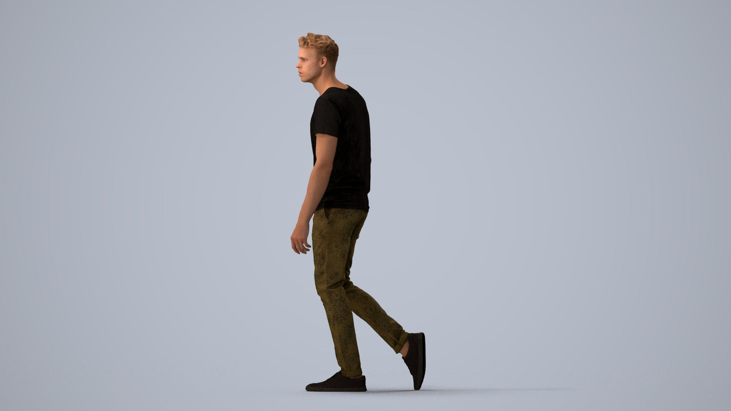 3D human model man casual walking, photogrammetry scanned person for archviz, three-quarter view render