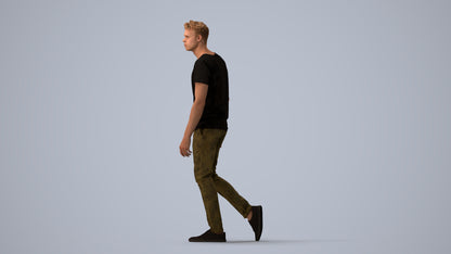 3D human model man casual walking, photogrammetry scanned person for archviz, three-quarter view render