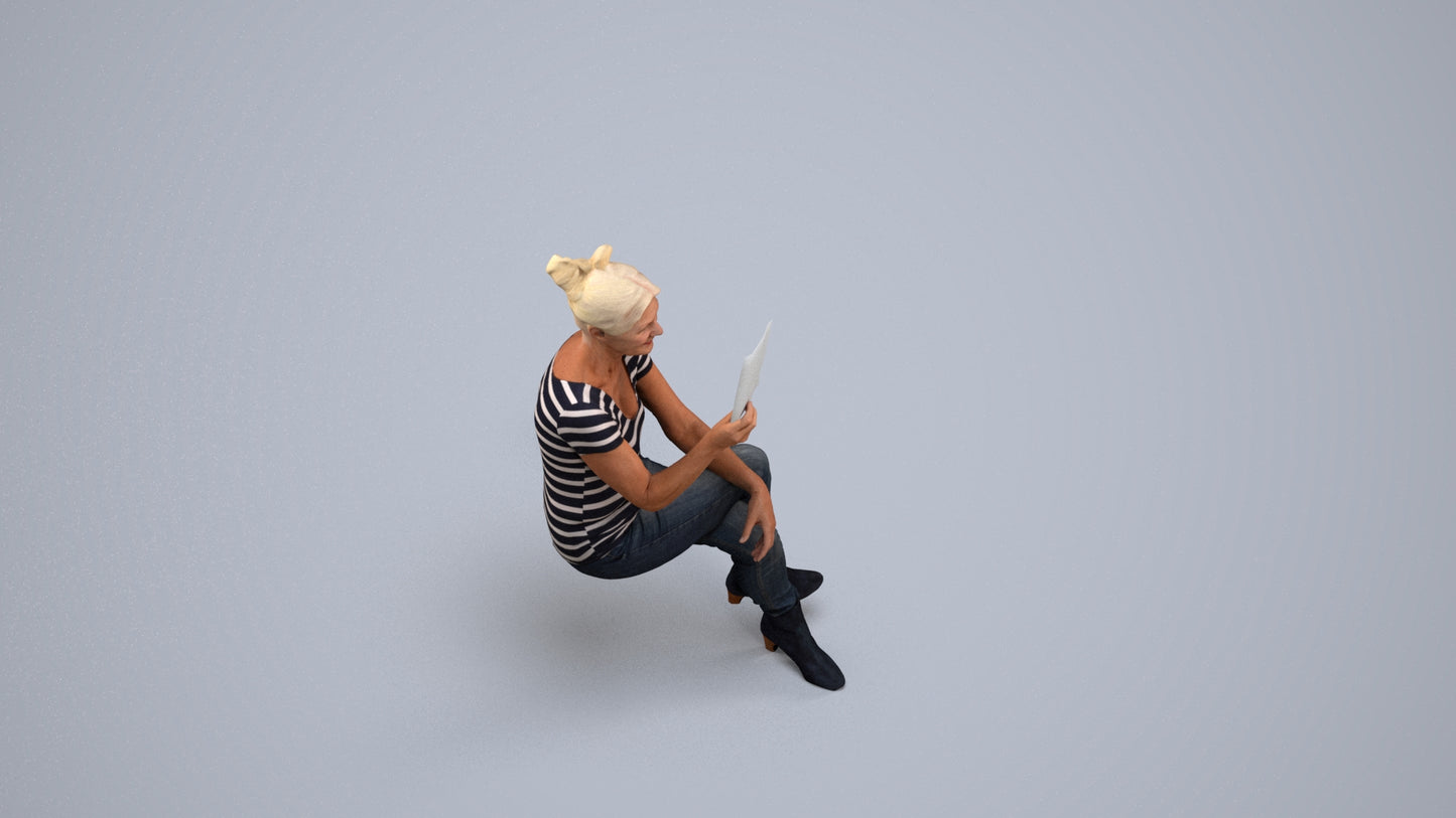 3D scanned senior woman sitting casual, photorealistic archviz people for Enscape and SketchUp, back view render