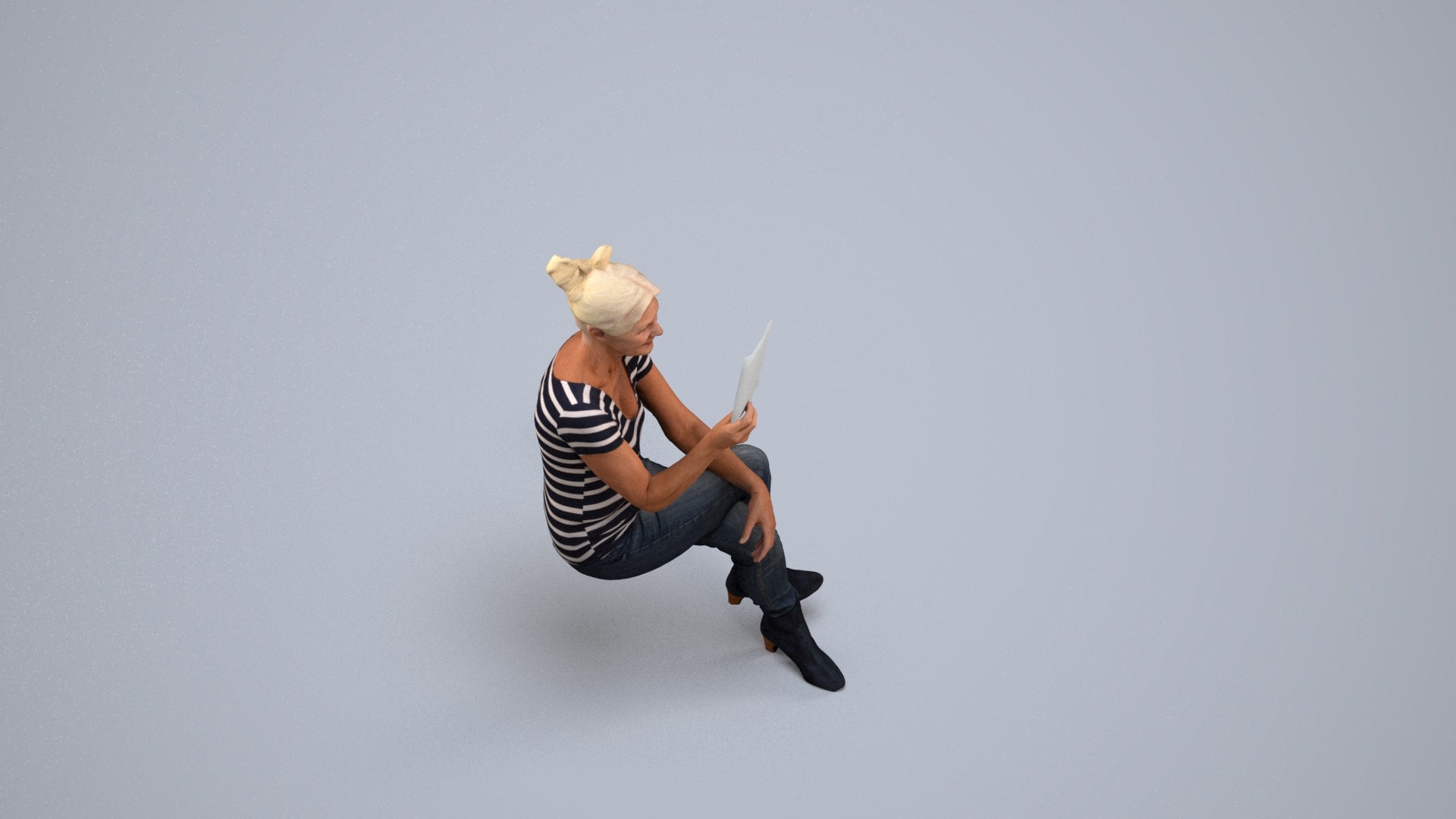 3D scanned senior woman sitting casual, photorealistic archviz people for Enscape and SketchUp, back view render