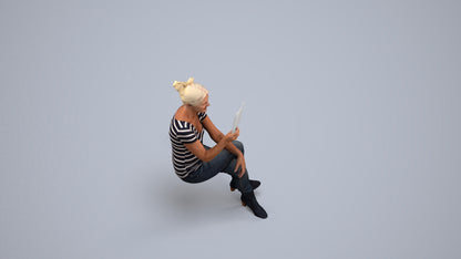 3D scanned senior woman sitting casual, photorealistic archviz people for Enscape and SketchUp, back view render
