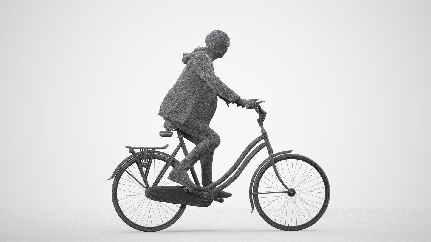 realistic 3D people senior boy casual cycling, render-ready for V-Ray and Corona, FBX OBJ, wireframe side view