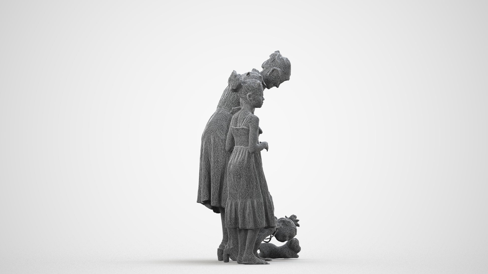 3D human model girl casual kids, photogrammetry scanned person for archviz, wireframe side view