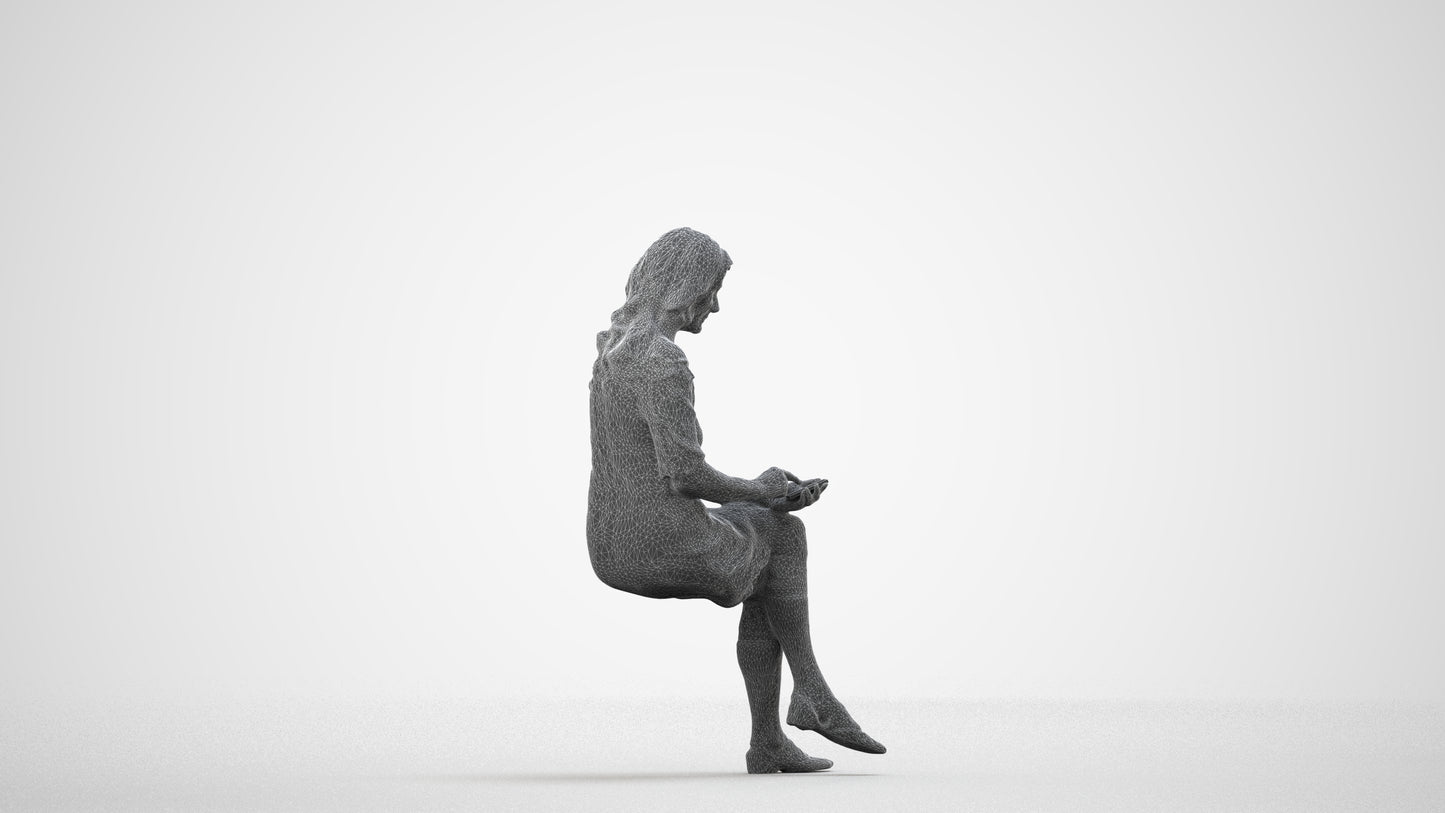 realistic 3D senior woman casual sitting, scanned archviz people for Blender and 3ds Max, wireframe side view