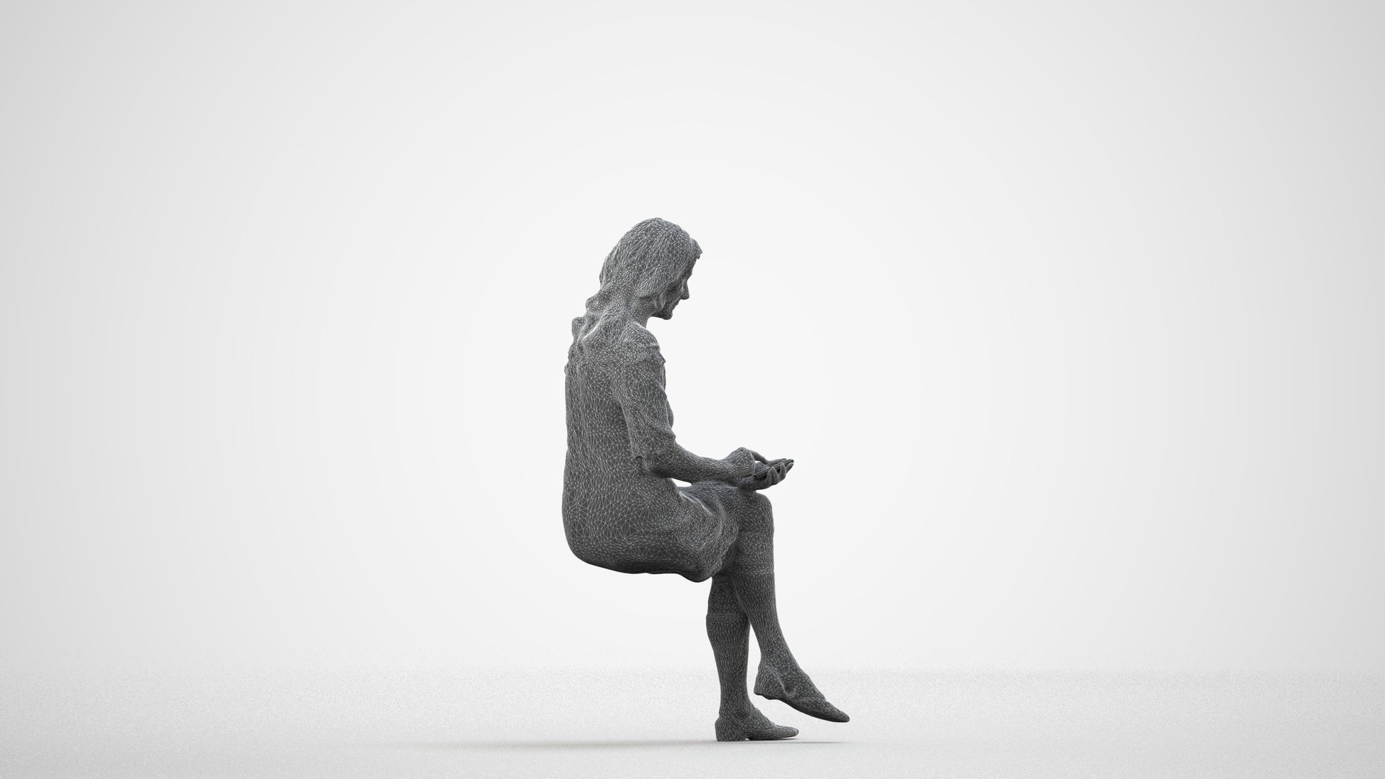 realistic 3D senior woman casual sitting, scanned archviz people for Blender and 3ds Max, wireframe side view