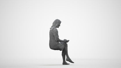 realistic 3D senior woman casual sitting, scanned archviz people for Blender and 3ds Max, wireframe side view