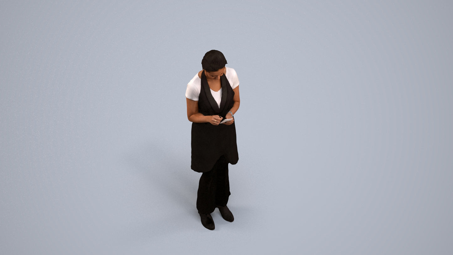 3D human model woman hospitality, photogrammetry scanned person for archviz, back view render