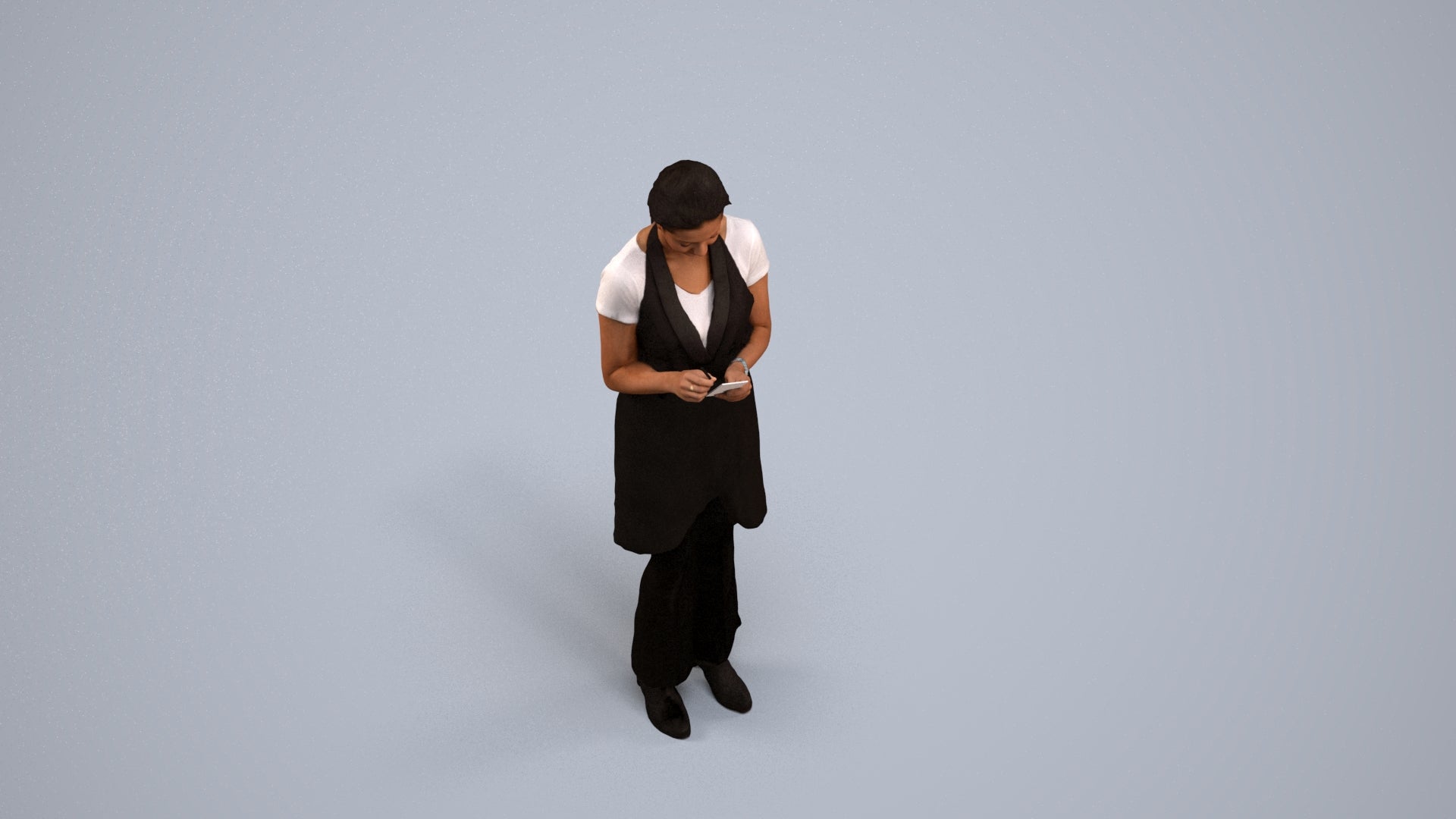 3D human model woman hospitality, photogrammetry scanned person for archviz, back view render