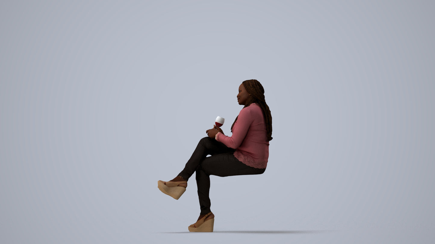 3D human model woman casual sitting, photogrammetry scanned person for archviz, three-quarter view render