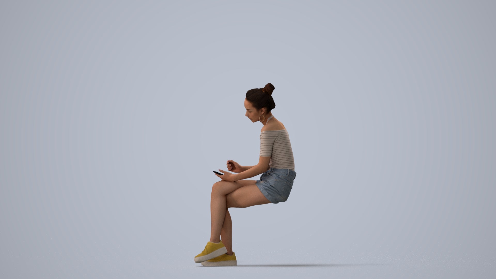 realistic 3D human woman casual sitting, archviz people FBX OBJ for Blender, three-quarter view render