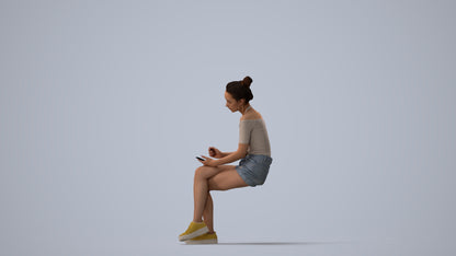 realistic 3D human woman casual sitting, archviz people FBX OBJ for Blender, three-quarter view render