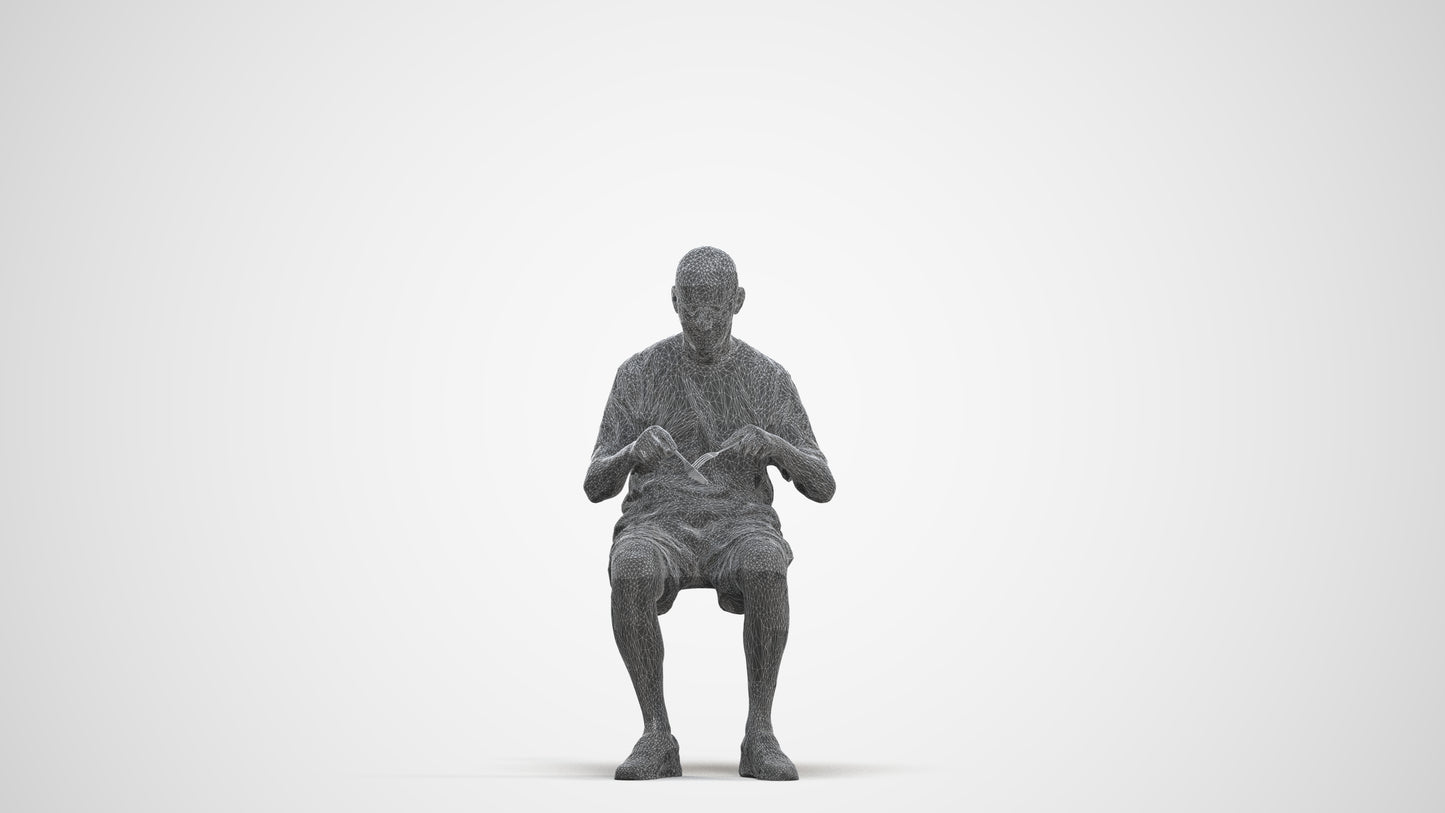 3D scanned senior man sitting casual, photorealistic archviz people for Enscape and SketchUp, three-quarter front view render