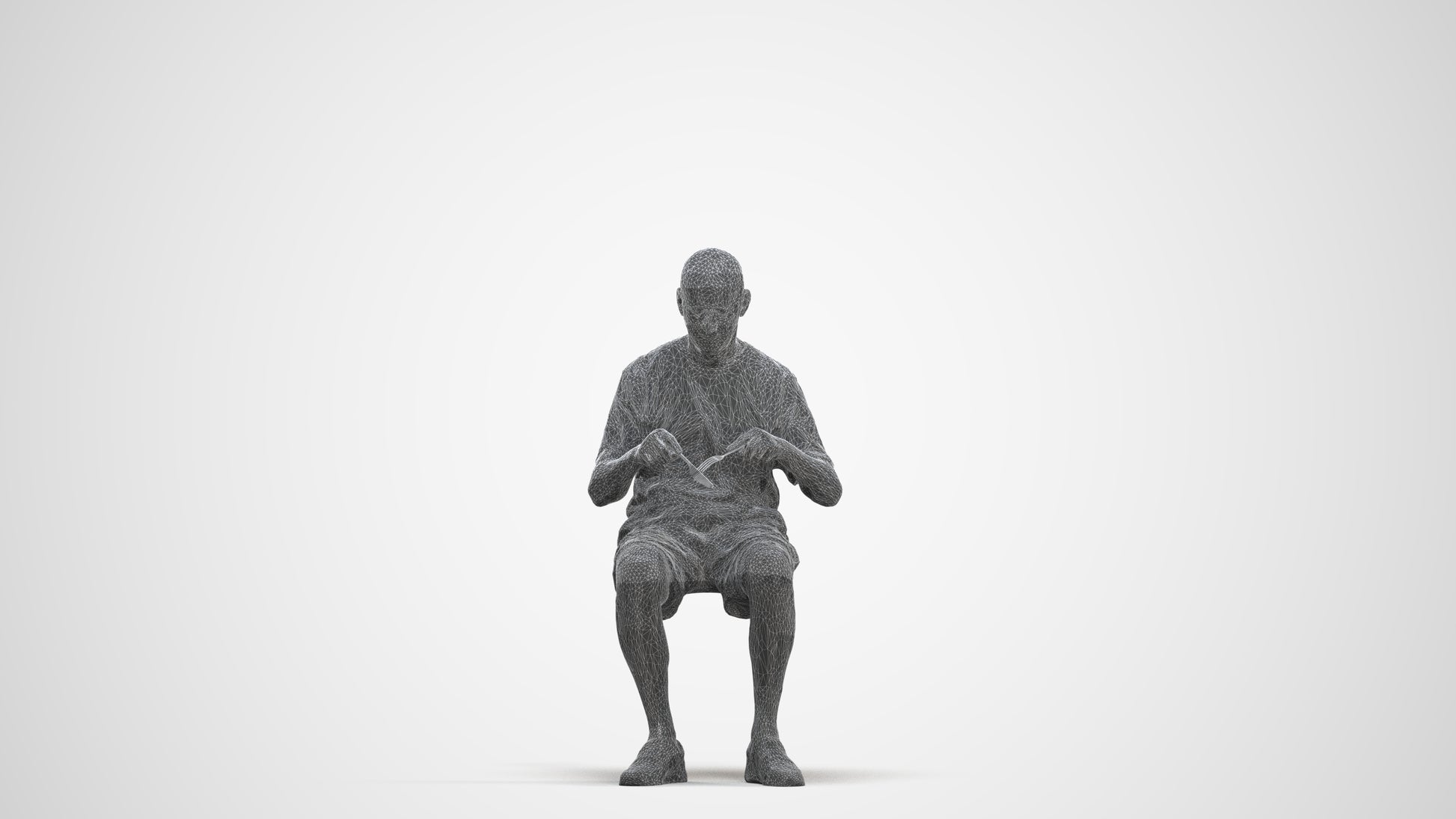 3D scanned senior man sitting casual, photorealistic archviz people for Enscape and SketchUp, three-quarter front view render