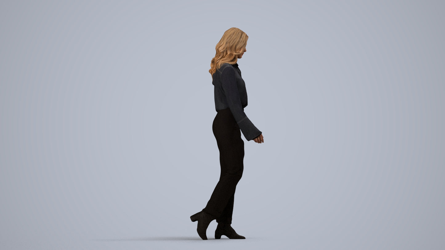 3D scanned woman walking business, photorealistic archviz people for Enscape and SketchUp, side view render