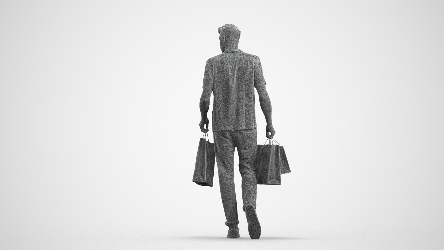 3D human model man casual shopping, photogrammetry scanned person for archviz, wireframe front view