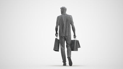 3D human model man casual shopping, photogrammetry scanned person for archviz, wireframe front view